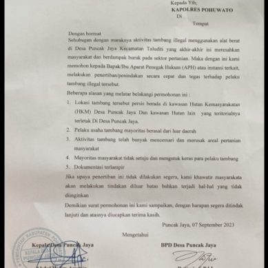 PEMDES PUNCAK JAYA MINTA KAPOLRES POHUWATO TERTIBKAN TAMBANG EMAS ILEGAL