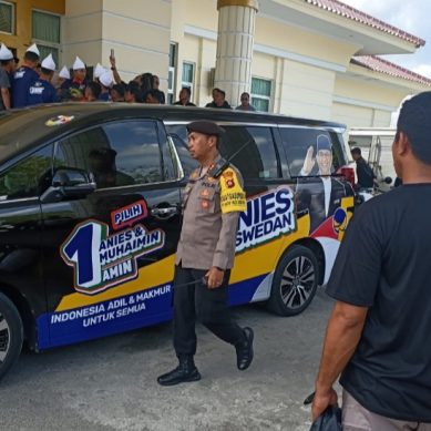 Polda Gorontalo Laksanakan Pengamanan Kunjungan Capres Nomor Urut 1 Di Gorontalo.