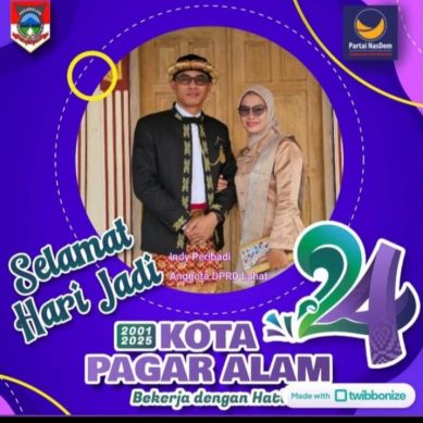 Anggota DPRD Kab. Lahat Provinsi Sumatera Selatan dari Partai Nasdem Indi Periadi Berserta Istri, Mengucapkan :  Selamat Hari Jadi Kota Pagar Alam Ke- 24 Tahun 2025, Semoga Semakin Jaya & Maju Kedepannya.
