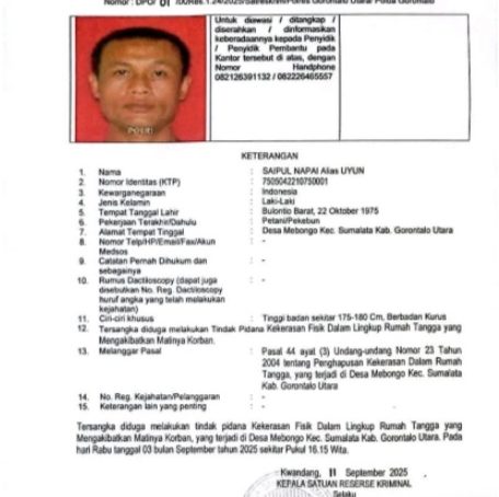 Pembunuhan IRT di Gorut, Pelakunya Resmi Masuk DPO