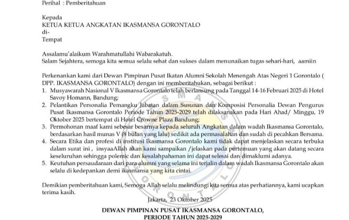 Pengurus DPP IKASMANSA GORONTALO MASA BHAKTI 2025 – 2029 RESMI DILANTIK