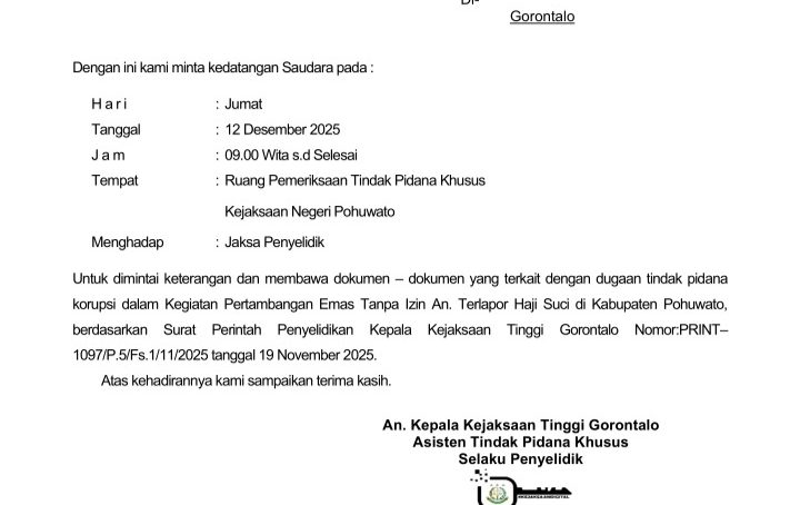 Hari Ini Ismail Hippy Penuhi Panggilan Jaksa Penyelidik Kejaksaan Tinggi Gorontalo, Terkait TPK  PETI Di Pohuwato