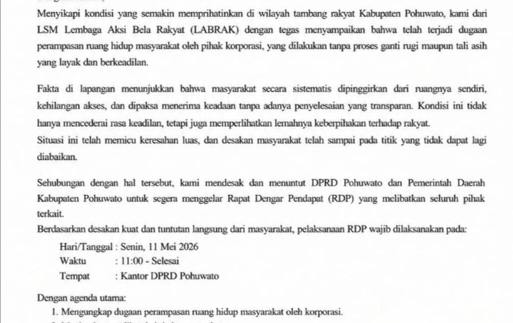 LABRAK Desak DPRD Gelar RDP Soal Dugaan Perampasan Ruang Hidup Tambang Rakyat
