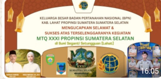 Keluarga Besar Badan Pertanahan Nasional (BPN) Kab. Lahat Propinsi Sumatera Selatan Mengucapkan : Selamat & Sukses Atas Terselegaranya Kegiata MTQ XXXI Propinsi Sumatera Selatan di Bumi Seganti Setungguan