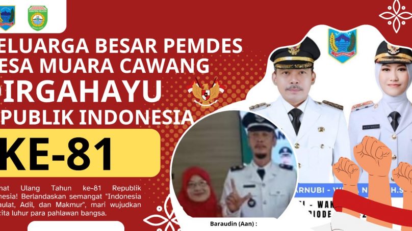Pemerintah Daerah Kab. Lahat Propinsi Sumatera Selatan : Keluarga Besar Pemdes Desa Muara Cawang Kec. Lahat Selatan Kepala Desa (Baharudin) : Mengucapkan Dirgahayu Republik Indonesia (RI) Ke- 81 Tahun 2026.