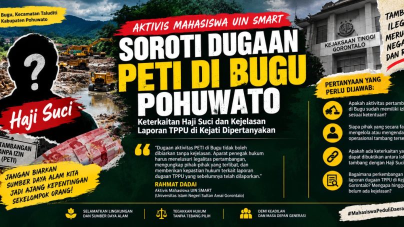 Aktivis Mahasiswa UIN SMART Soroti Dugaan PETI di Bugu Pohuwato, Keterkaitan Haji Suci dan Kejelasan Laporan TPPU di Kejati Dipertanyakan